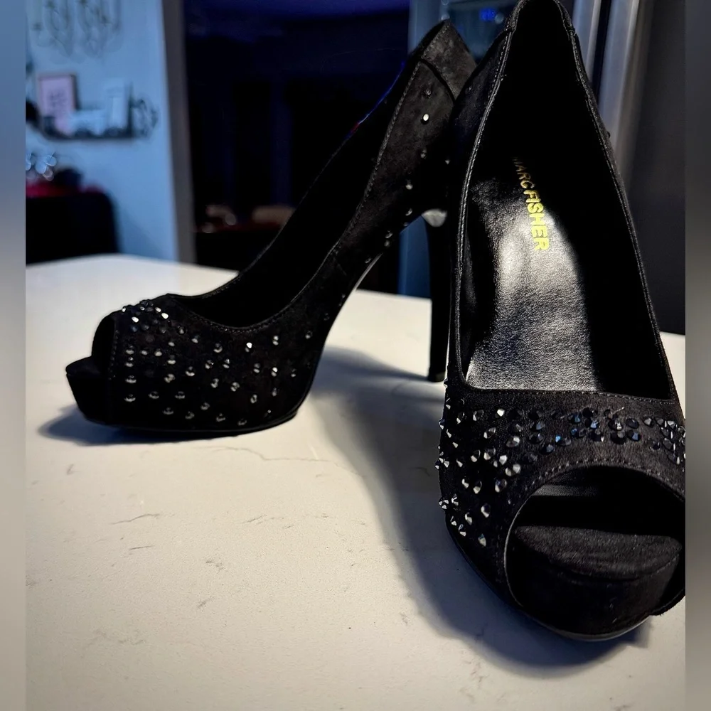 Marc Fisher Black suede with black beading Peep-Toe Platform 4.5-5 inch Heels - Picture 3 of 10